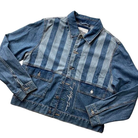 Tommy Hilfiger Tops - Tommy Hilfiger Denim Blue Stripe Signature Jean Jacket Size XL Cropped Fit